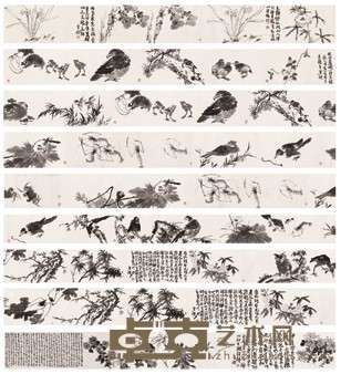 李苦禅 1963年作 花鸟水族长卷 手卷 33×2230cm